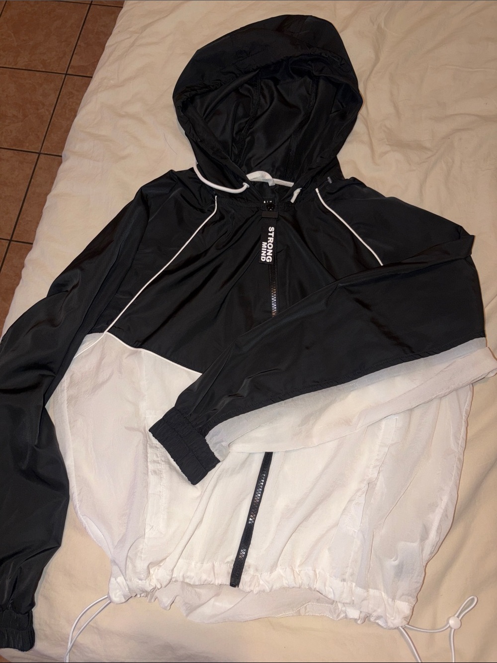 Black & White Hooded Windbreaker Jacket - Women